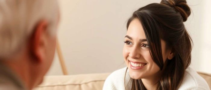 smiling woman couch