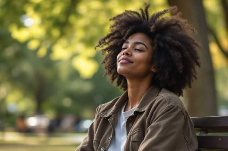 Individual sitting peacefully on a park bench in Berkeley, surrounded by lush greenery, symbolizing relief from anxiety through therapy.